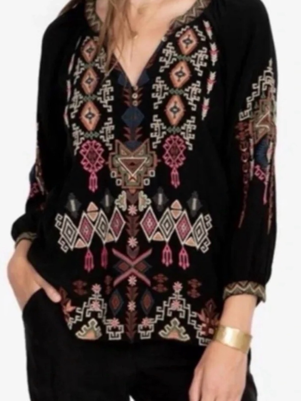 Johnny Was Black Embroidered Boho V-Neck Tunic